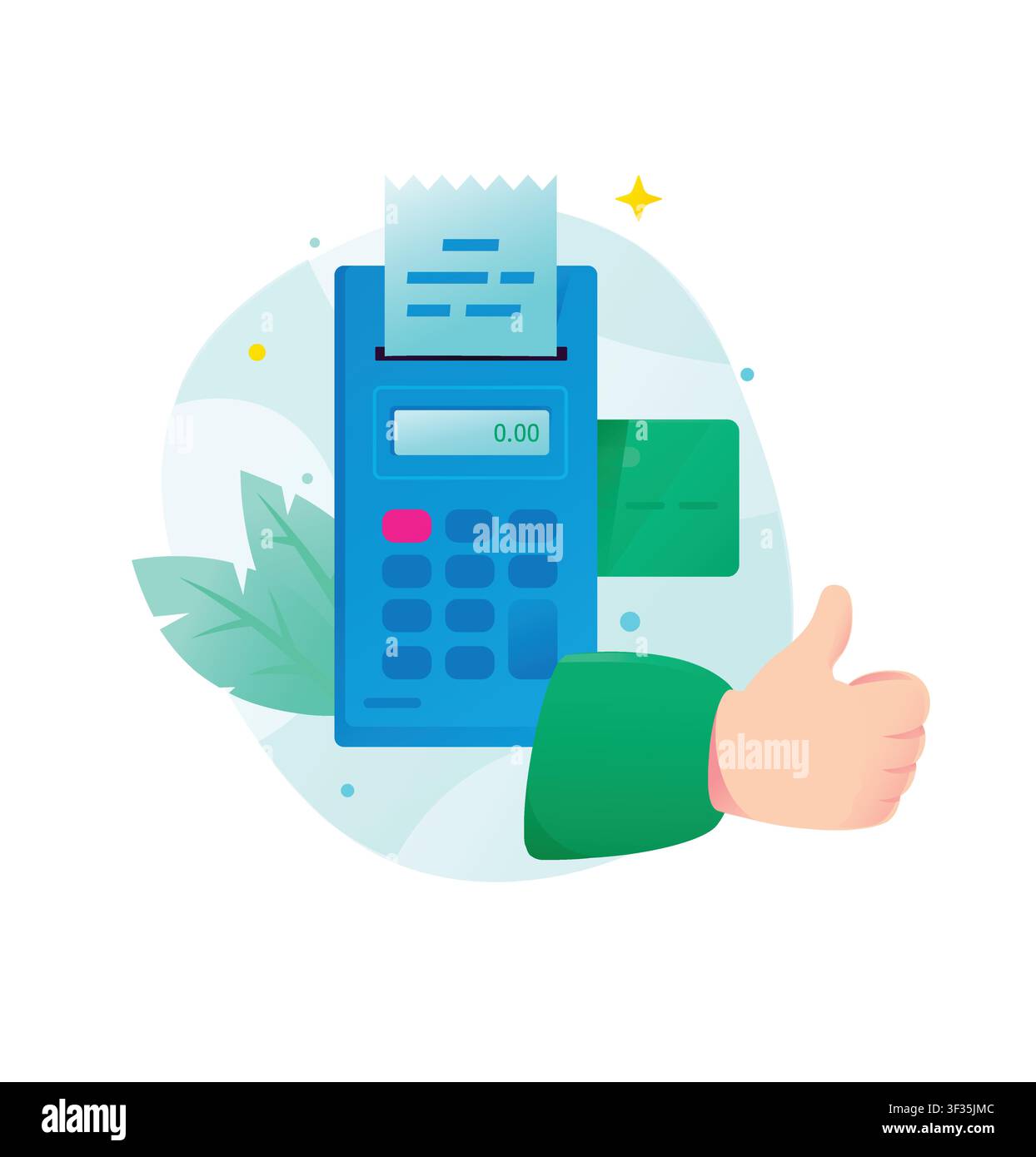 Flat vector illustration of a blue POS terminal with a receipt and a green credit card. A hand shows a thumb up, symbolizing successful and secure dig Stock Vector