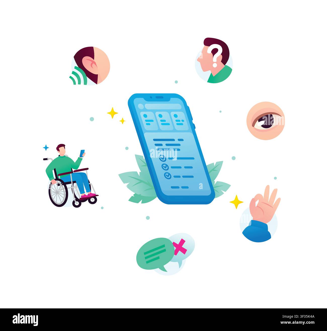Accessible mobile app interface for users with disabilities vector illustration. Inclusive digital technology for people with visual, hearing, and phy Stock Vector