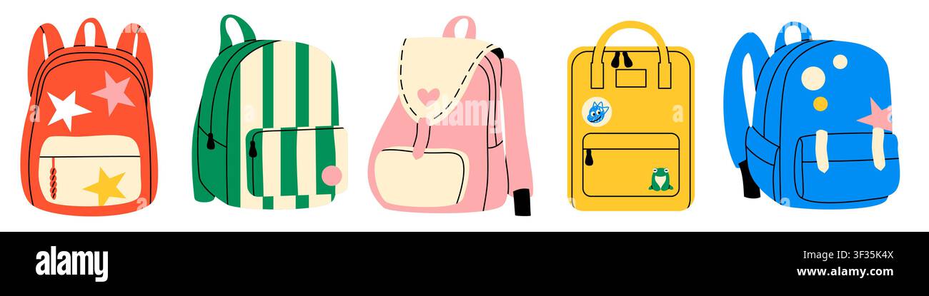 Cute colorful school backpacks vector set Stock Vector