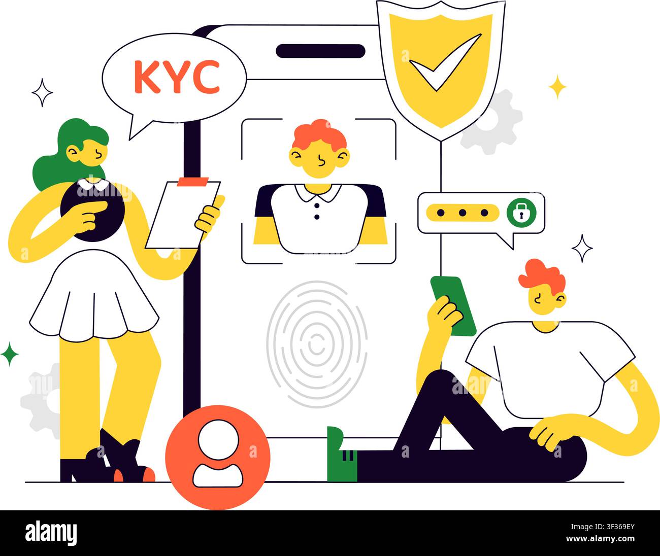 KYC Vector Illustration Featuring Know Your Customer Identity Verification, Digital Authentication, Customer Onboarding, and Data Protection Stock Vector