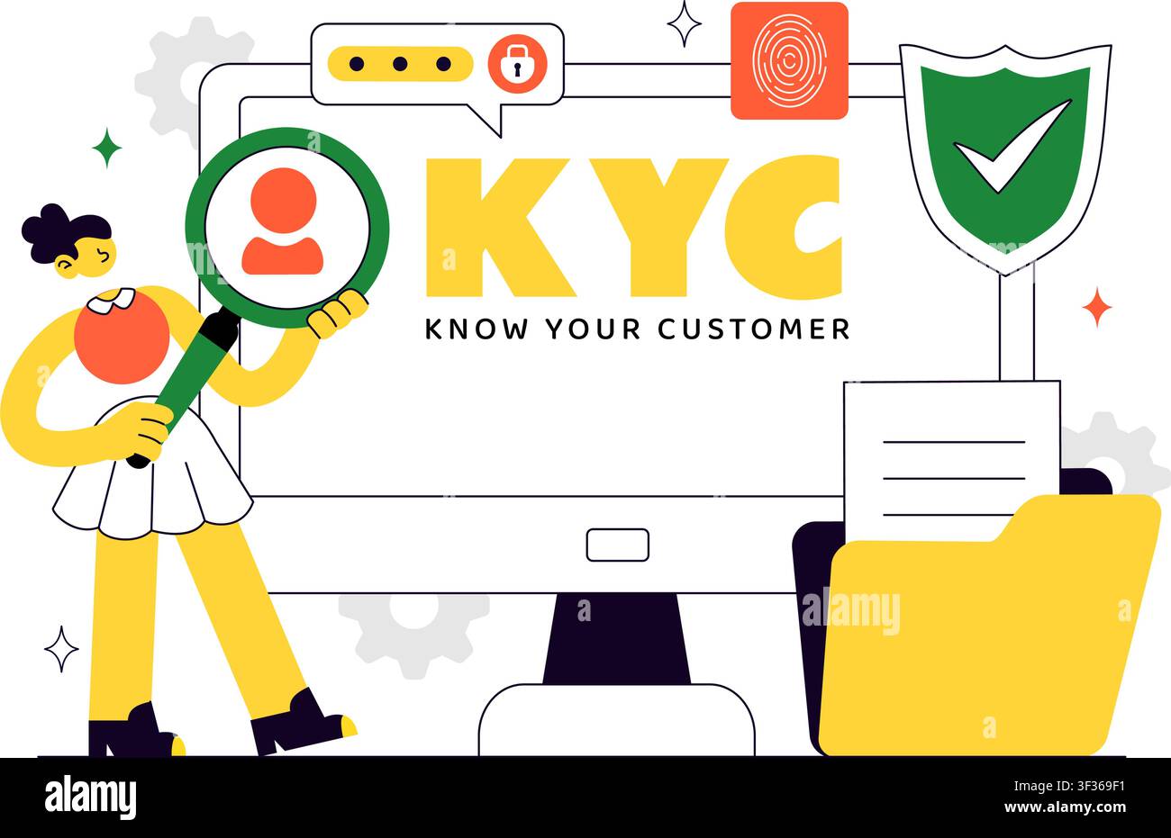 KYC Vector Illustration Featuring Know Your Customer Identity Verification, Digital Authentication, Customer Onboarding, and Data Protection Stock Vector