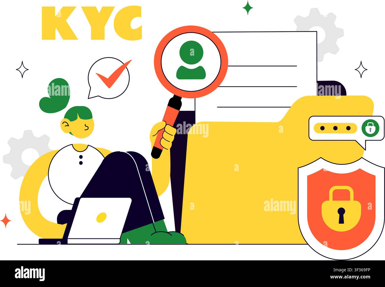 KYC Vector Illustration Featuring Know Your Customer Identity Verification, Digital Authentication, Customer Onboarding, and Data Protection Stock Vector