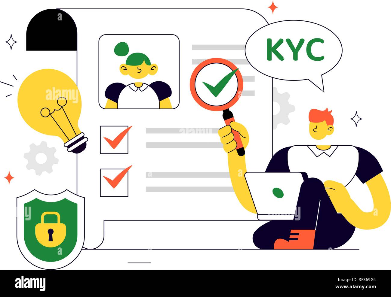 KYC Vector Illustration Featuring Know Your Customer Identity Verification, Digital Authentication, Customer Onboarding, and Data Protection Stock Vector