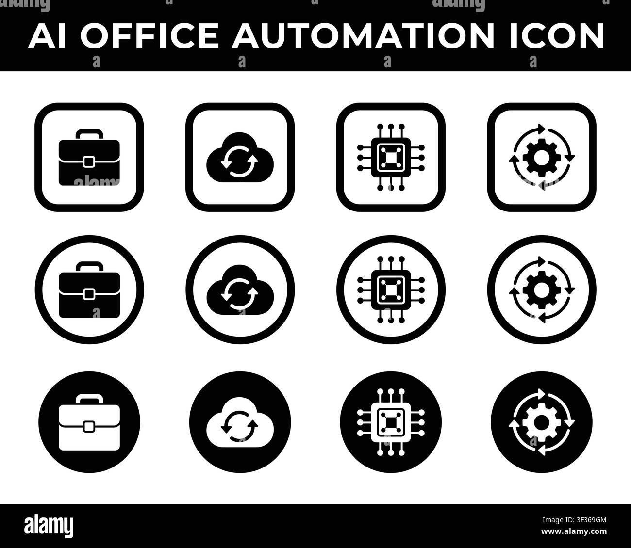 AI Office Automation Icon Set Collection Minimal Black Glyph Vector Icons for Business Technology and Productivity Stock Vector