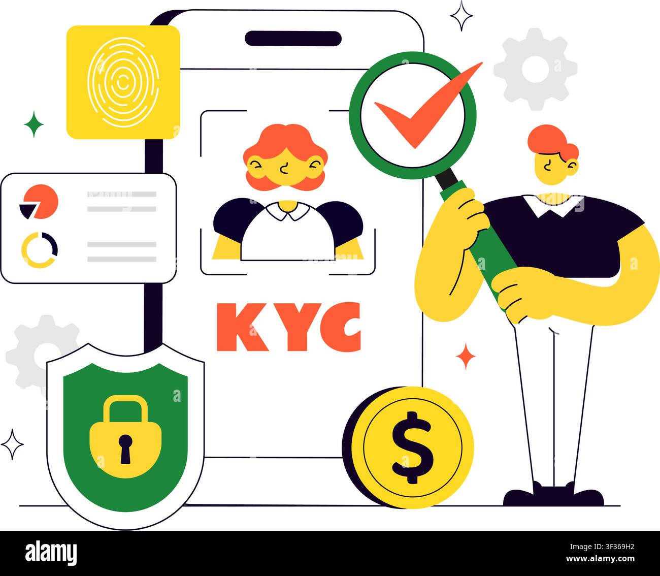 KYC Vector Illustration Featuring Know Your Customer Identity Verification, Digital Authentication, Customer Onboarding, and Data Protection Stock Vector