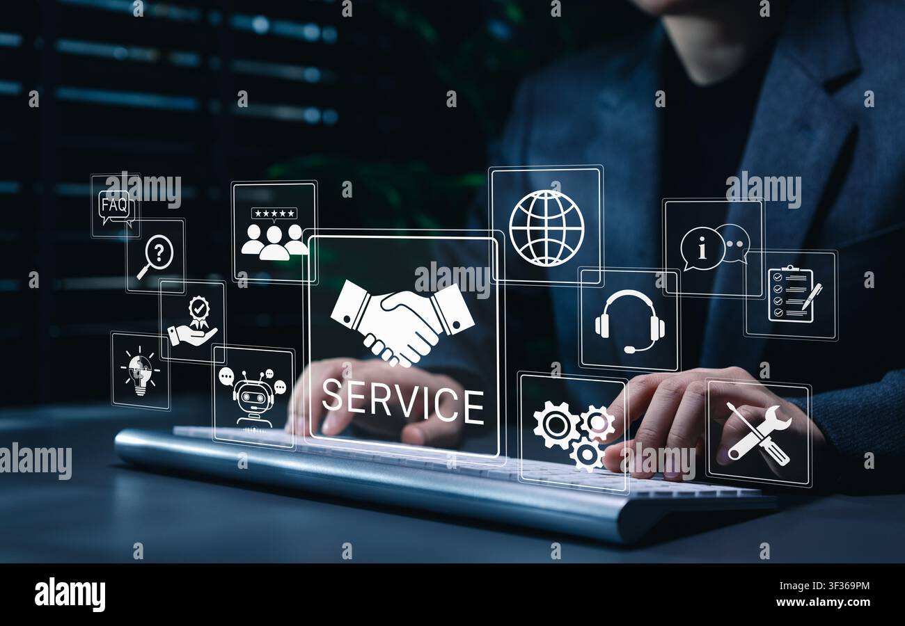 Customer service management concept, representing help desk workflow, FAQ assistance, client communication, chatbot automation, technical support, Stock Photo