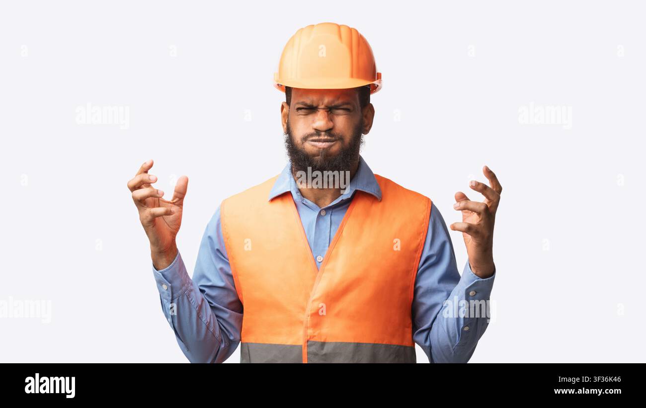 Mad Construction Worker Posing Gesturing Emotionally Over White Background, Panorama Stock Photo