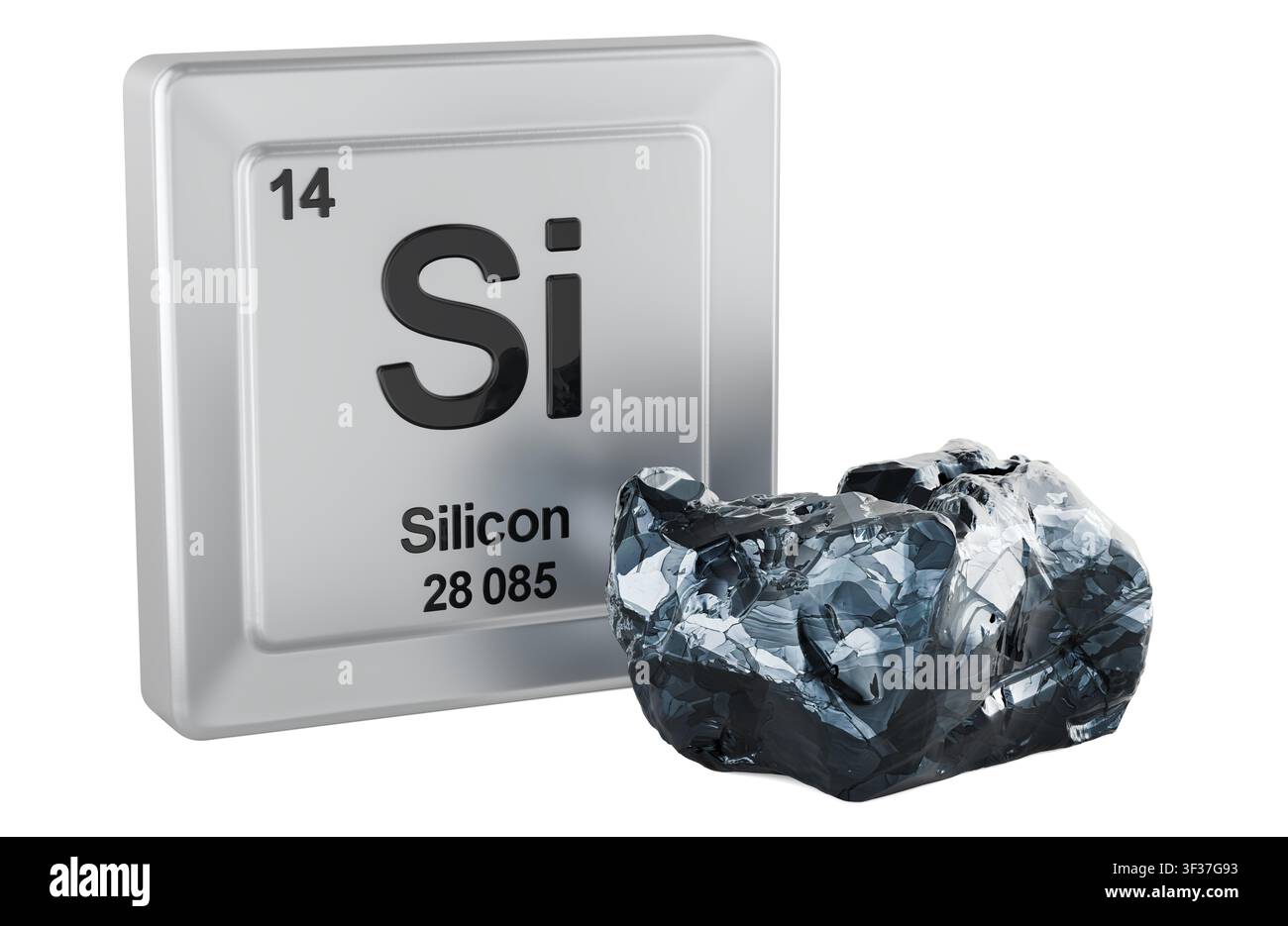 Silicon element periodic table tile with Si sample. 3d rendering isolated on white background Stock Photo