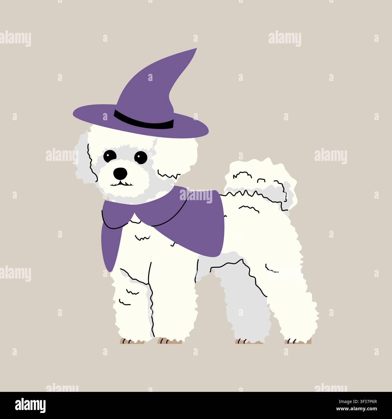 Cute white Bichon Frise dressed as a witch, wearing a purple pointed hat and cape, standing in a simple hand-drawn cartoon style on a neutral beige Stock Vector