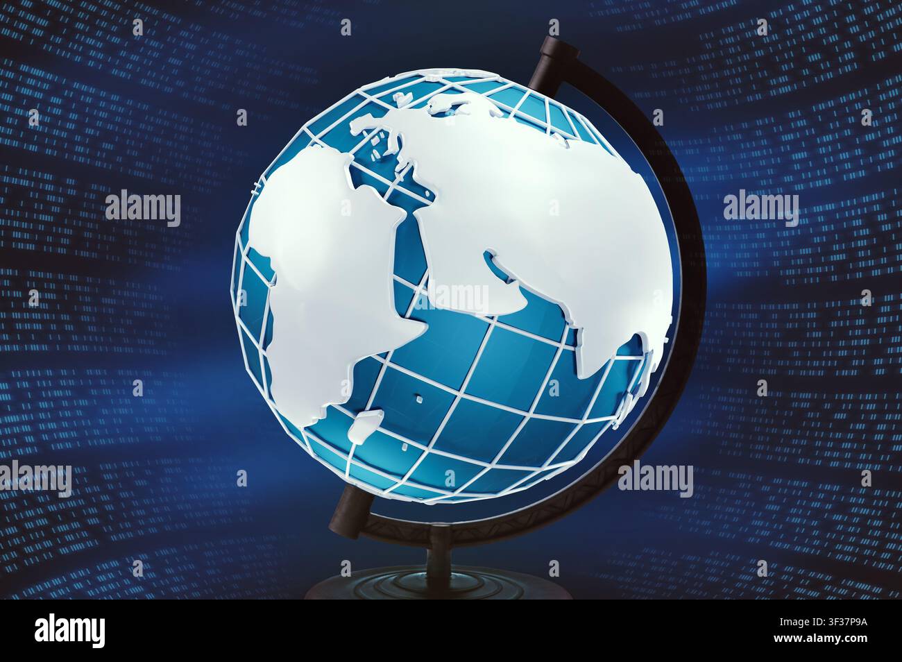 Global technologies. Planet Earth on stand surrounded by computer code,dark background. Creative collage Stock Photo
