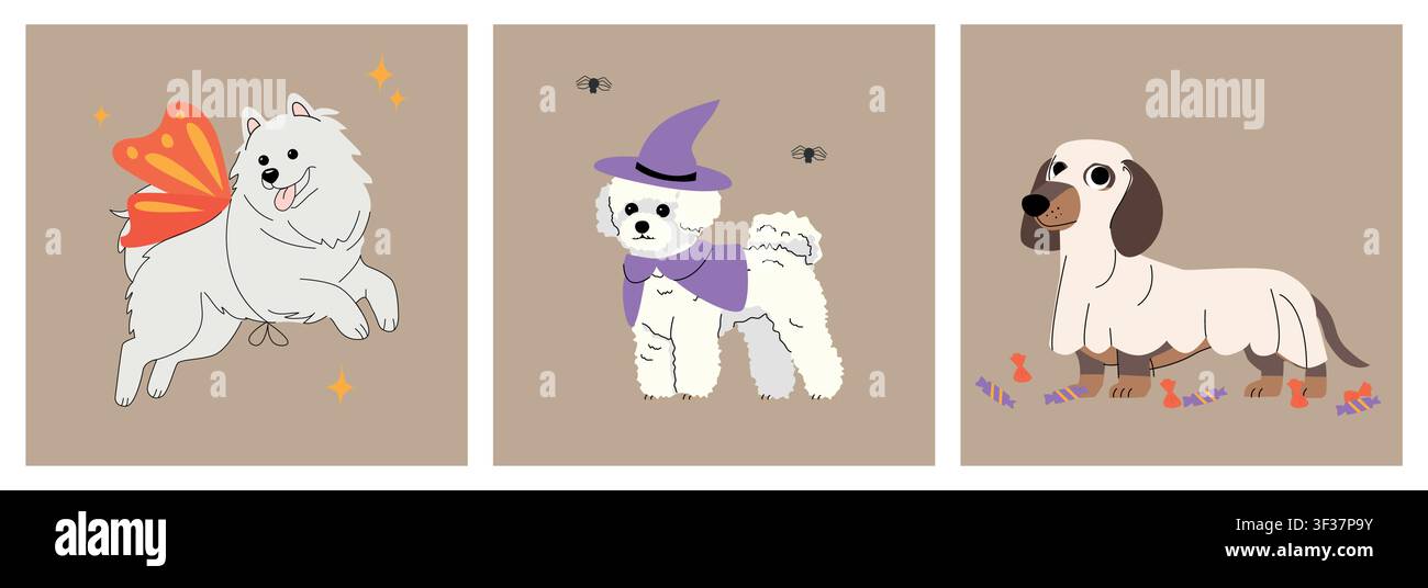 Cute Halloween dogs in costumes: fairy Samoyed, witch poodle and ghost dachshund, isolated on beige background. Stock Vector