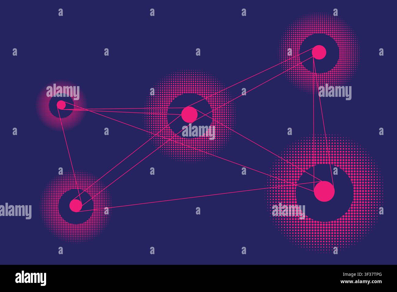 Futuristic purple neon halftone background with glowing circular elements. Ideal for technology branding, gaming visuals, presentations, and digital m Stock Vector