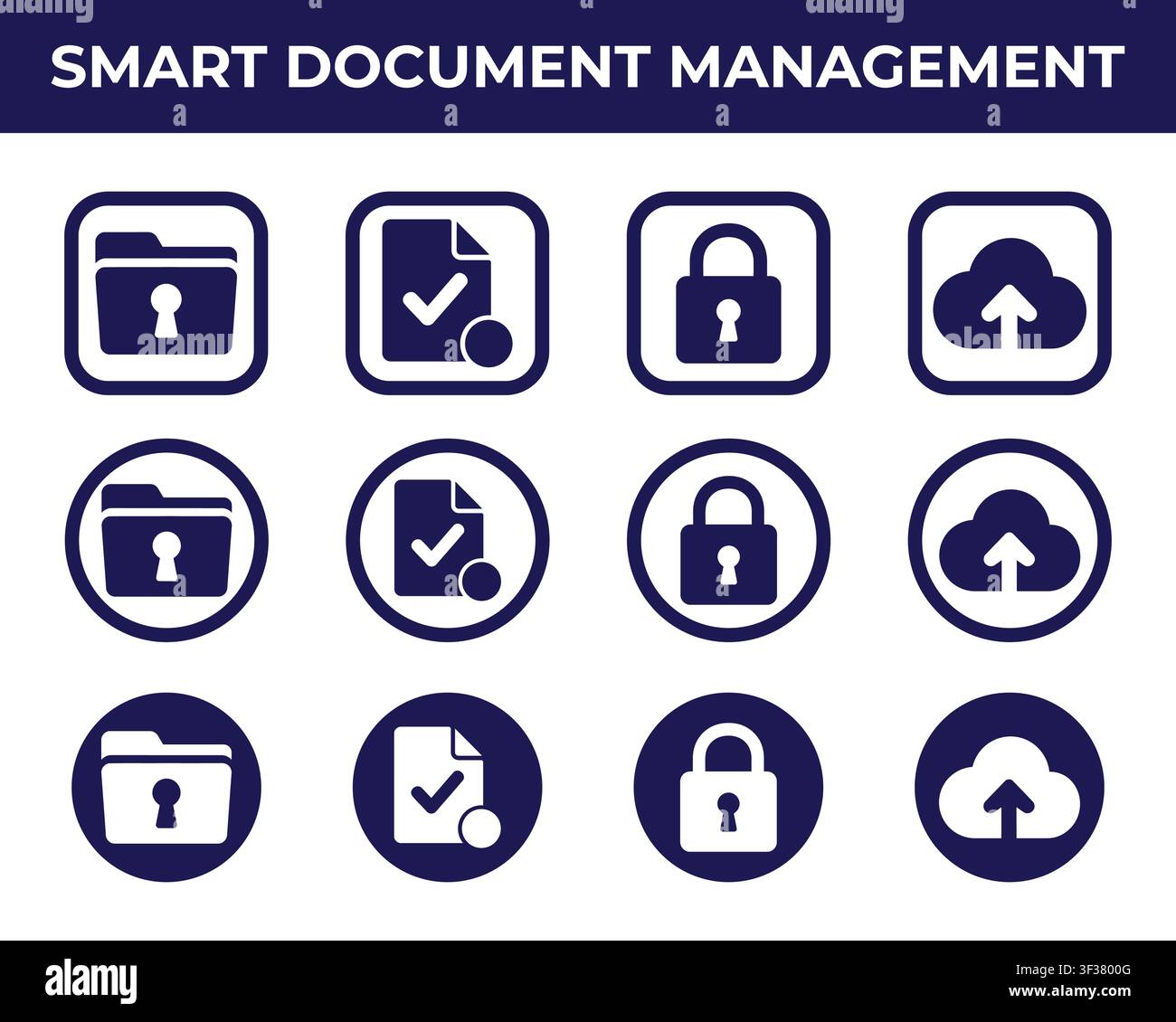 Smart Document Management Icon Set with Secure Folder Verified Document Lock and Cloud Upload Vector Icons Stock Vector