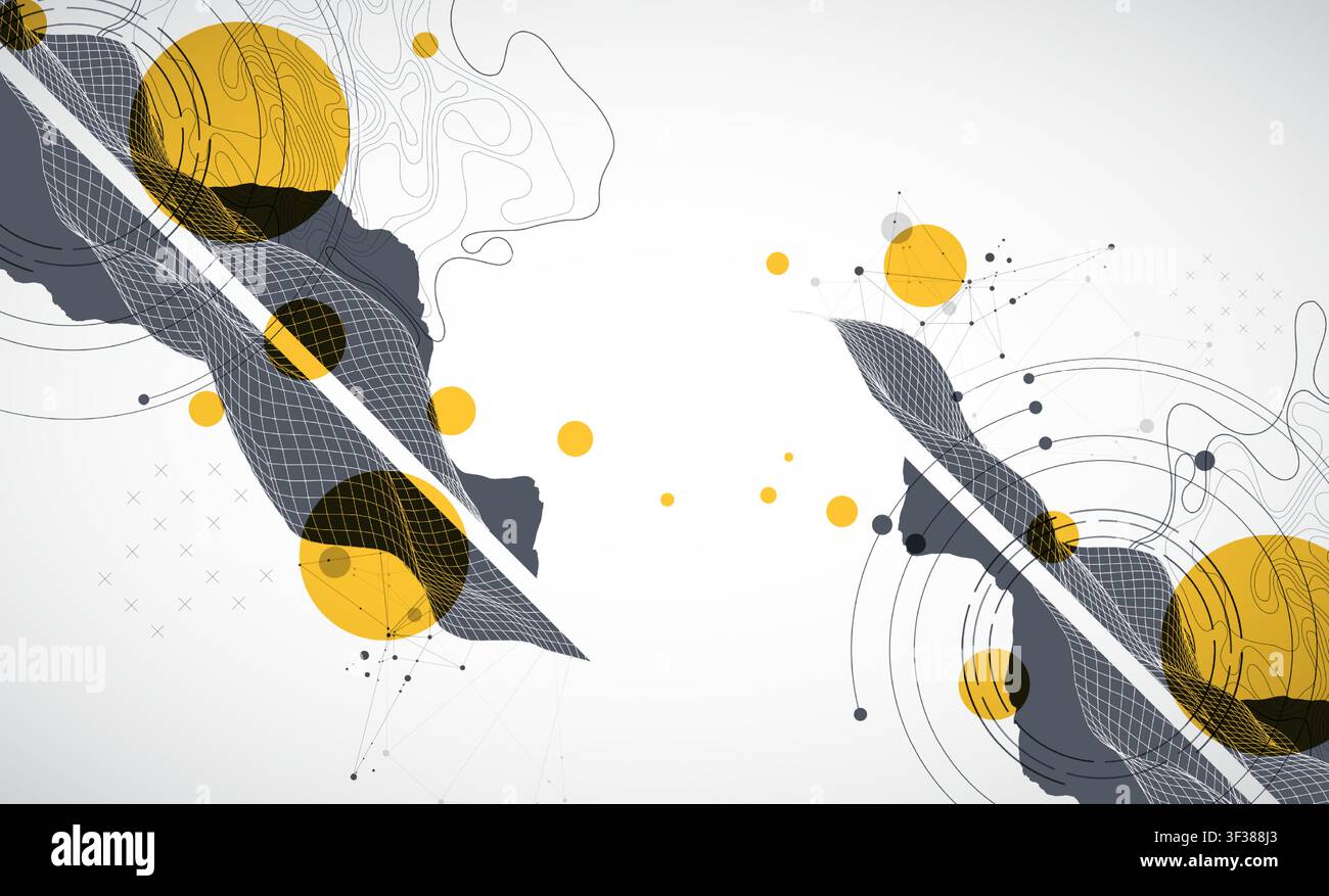 Abstract digital landscape with wireframe terrain, geometric circles, and plexus art. Vector Stock Vector
