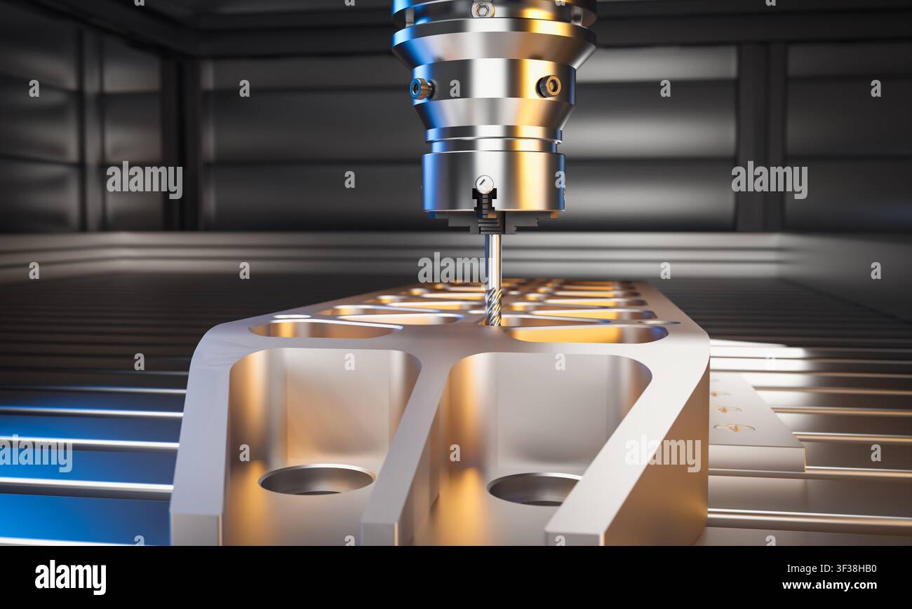 Cnc machine milling metal part 3d Stock Photo