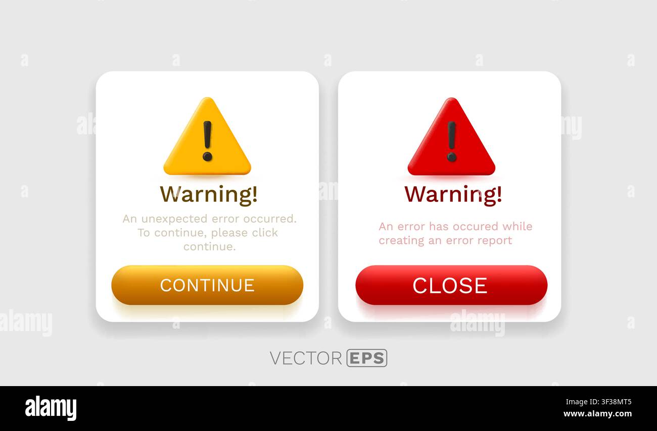 UI Warning Pop-up Windows. Set of two error message notifications with 3D icons and buttons. Vector illustration Stock Vector