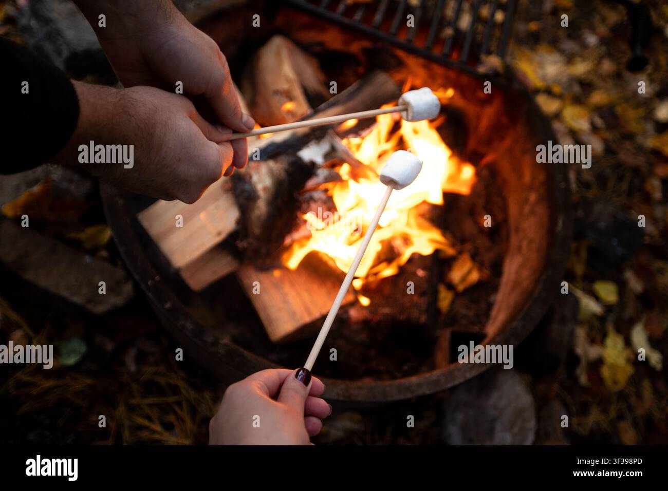 A couple roasting marshmallows over a campfire Stock Photo