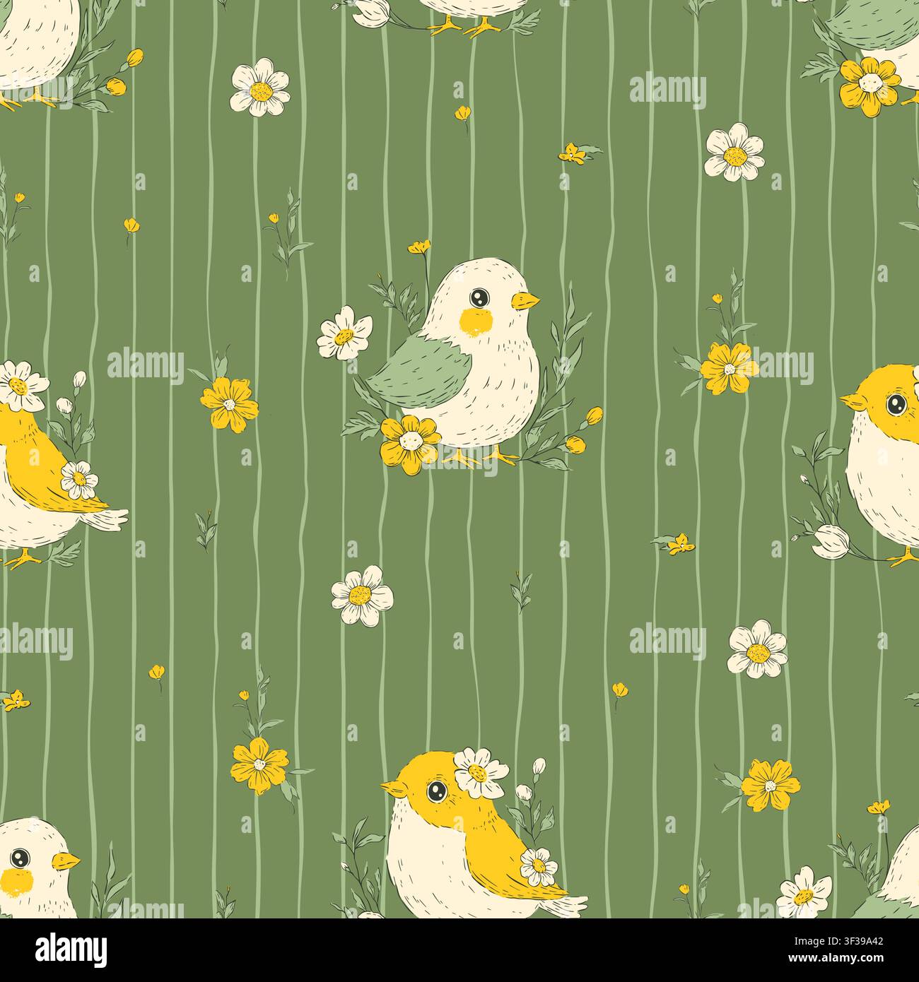 Easter Birds Seamless Pattern Eggs Flowers Stripes Whimsical Handdrawn Bird Spring Vector Background Stock Vector