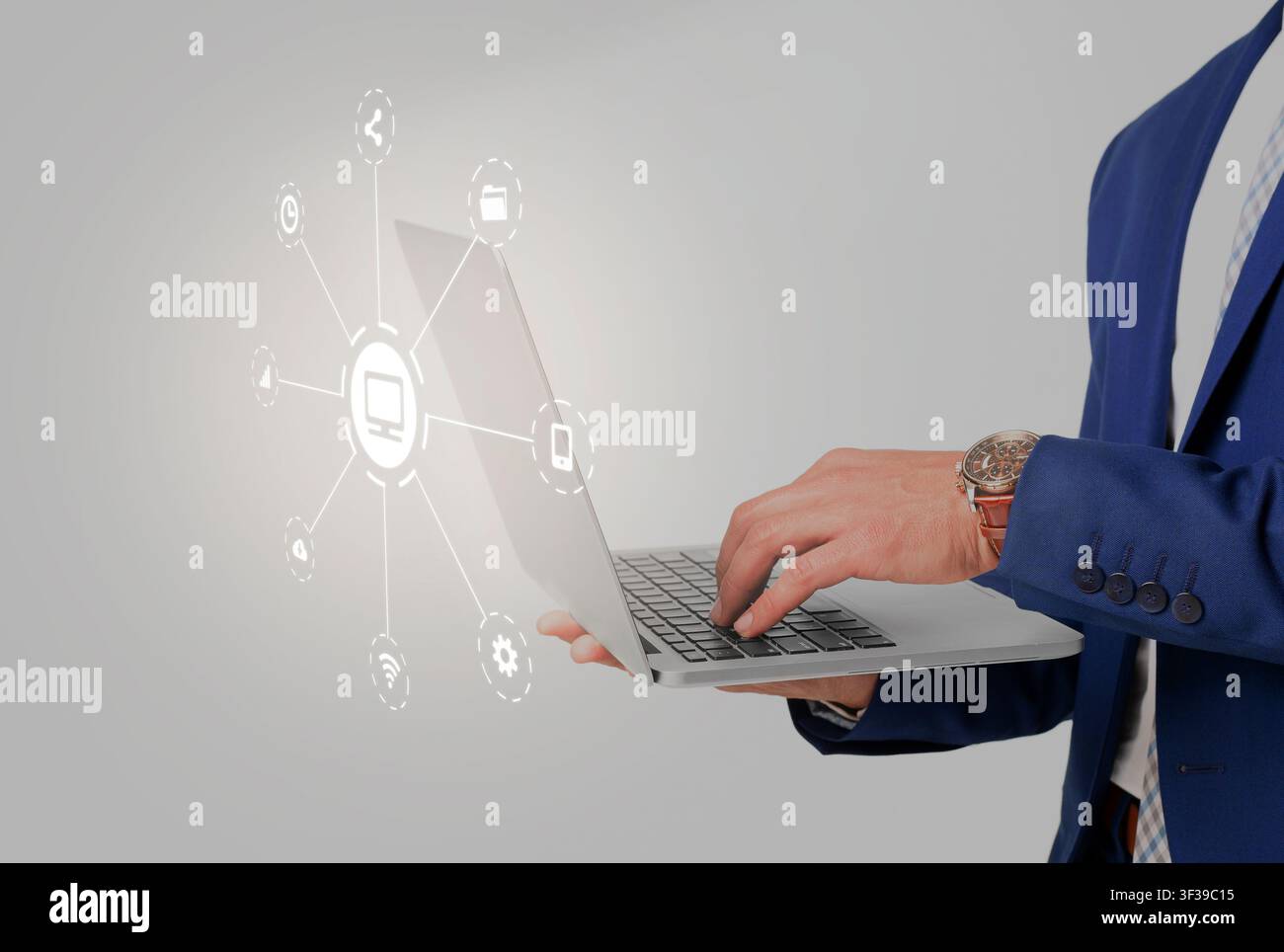 Business man using laptop, cyber security concept Stock Photo