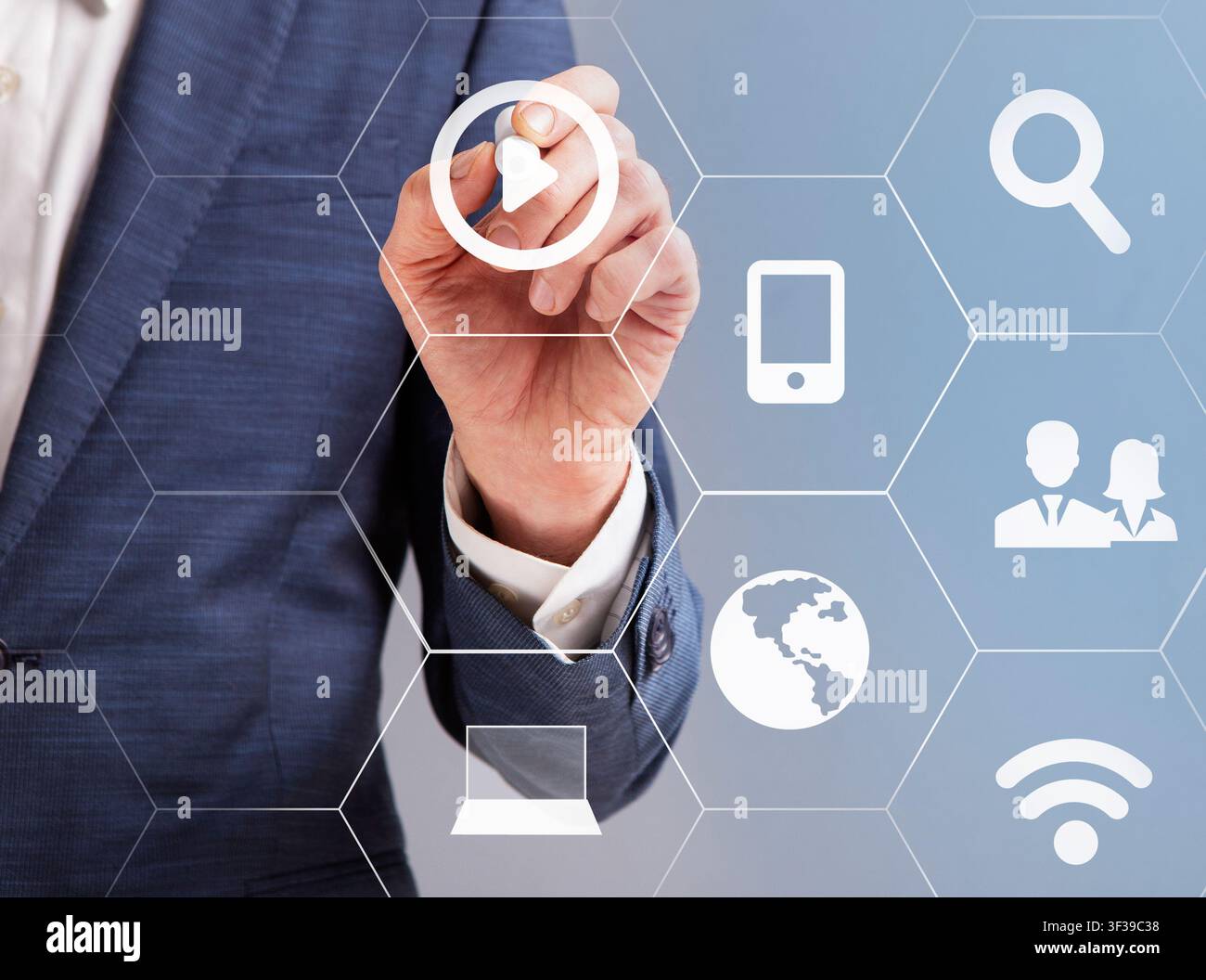 Business man pointing at infographic panel with personal data Stock Photo