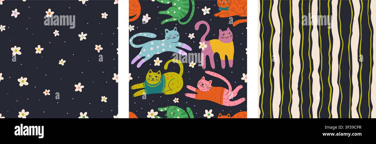 Whimsical Cute Cat Seamless Pattern Set Floral Elements Cartoon Cats Vector Background Collection Stock Vector