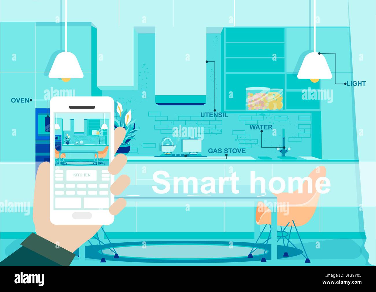 Manage your smart home technology in the kitchen Stock Vector