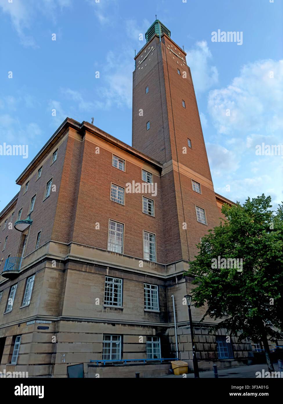 Norwich City Hall and its landmark brick tower, photographed from the Bethel Street side at dusk in Norwich, Norfolk, England. Stock Photo