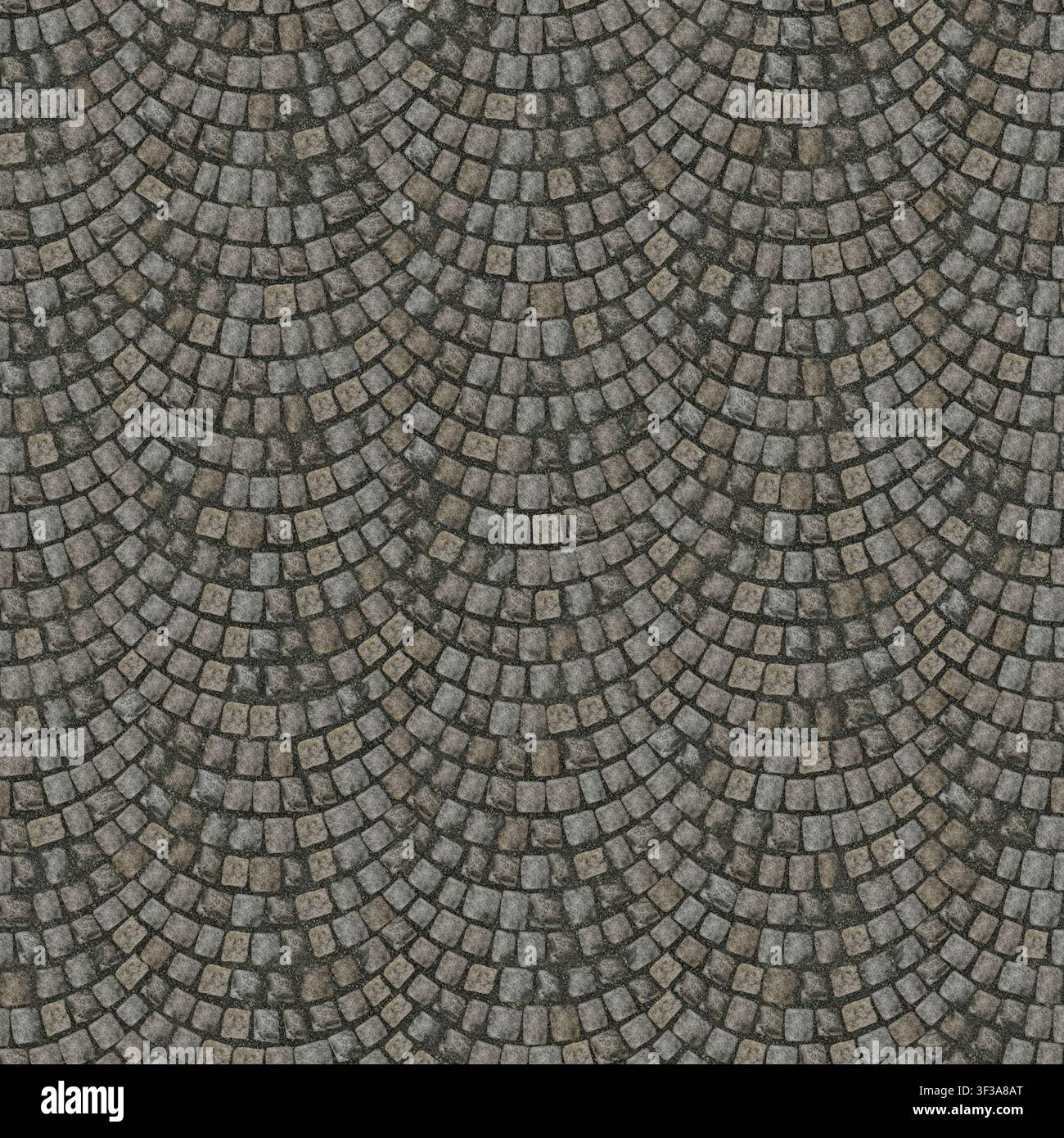 Top down view of small dark granite cobblestones arranged in fan-shaped concentric arcs. Stock Photo