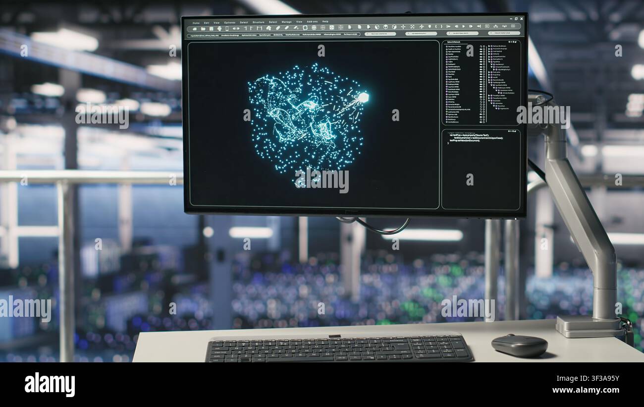 Automated infrastructure workstation on industrial platform inside server hub showing AI machine learning scripts. Computer in data center displaying neural network activity Stock Photo
