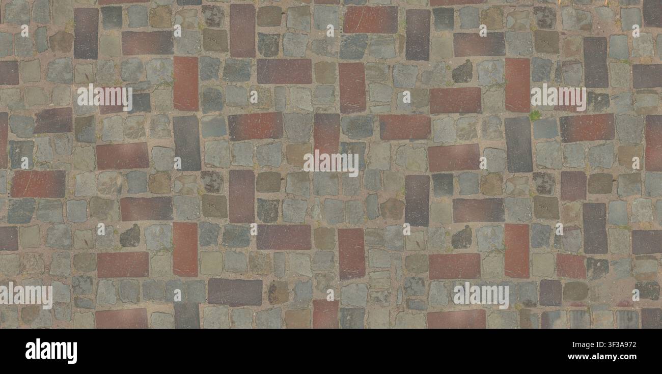 Seamless texture of mixed red and grey rectangular stone pavers arranged in a random block pattern. Stock Photo