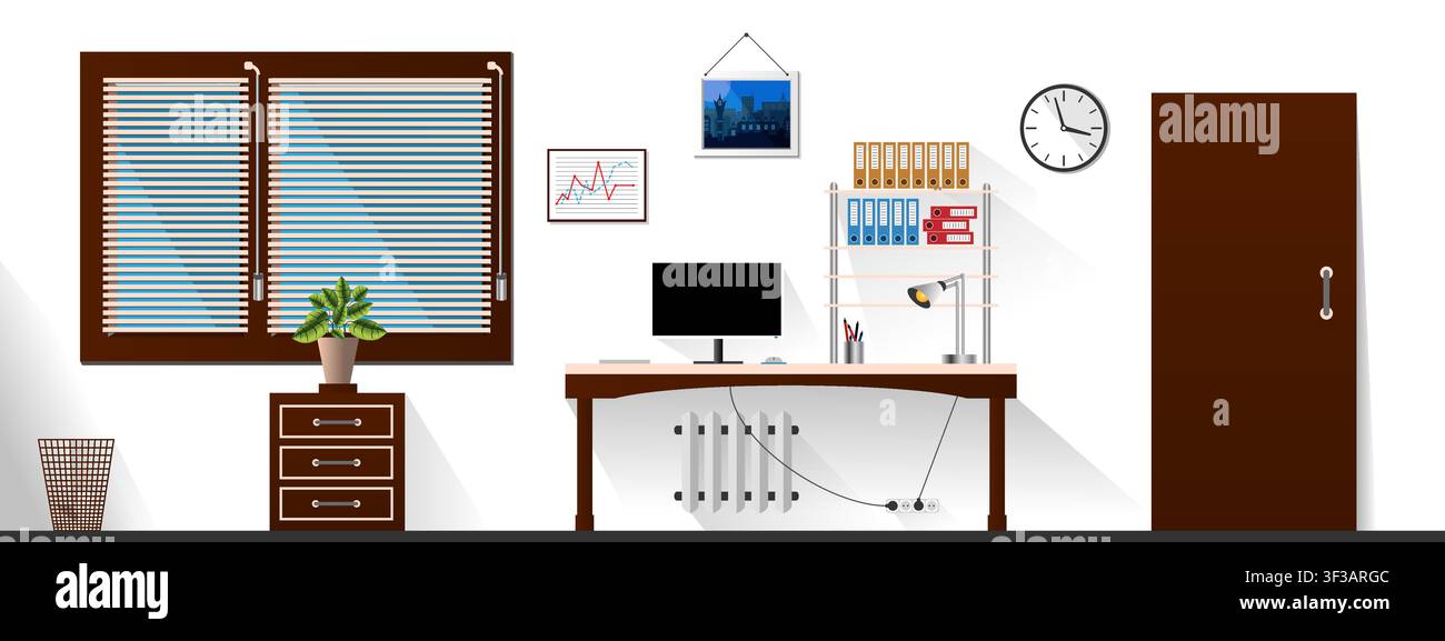 Flat vector interior office room with modern furniture in white and brown style. Vector illustration Stock Vector