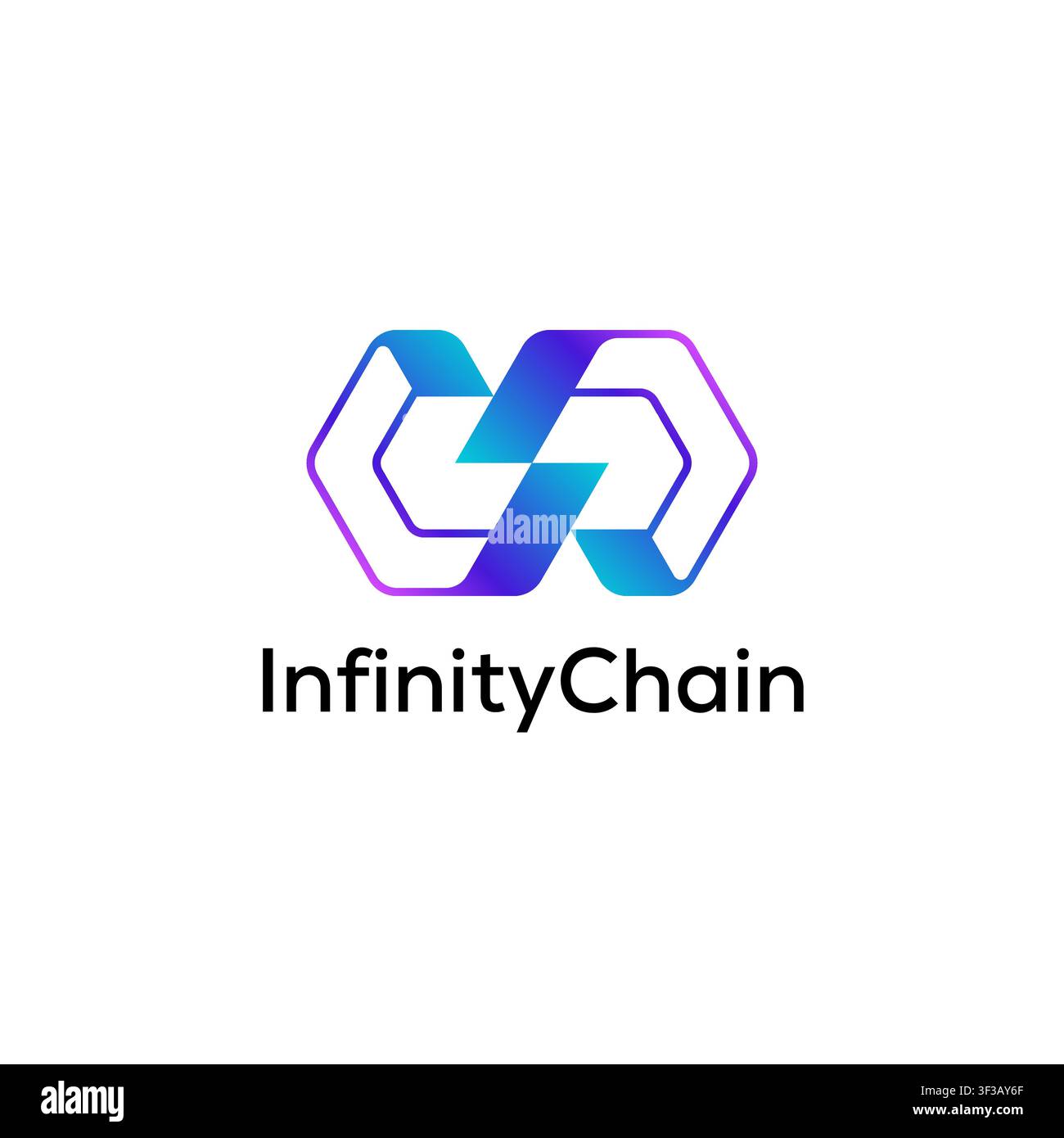 Abstract blockchain logo featuring interlocking infinity ribbons within a hexagonal structure. Ideal for Web3, decentralized finance, cryptocurrency, Stock Vector