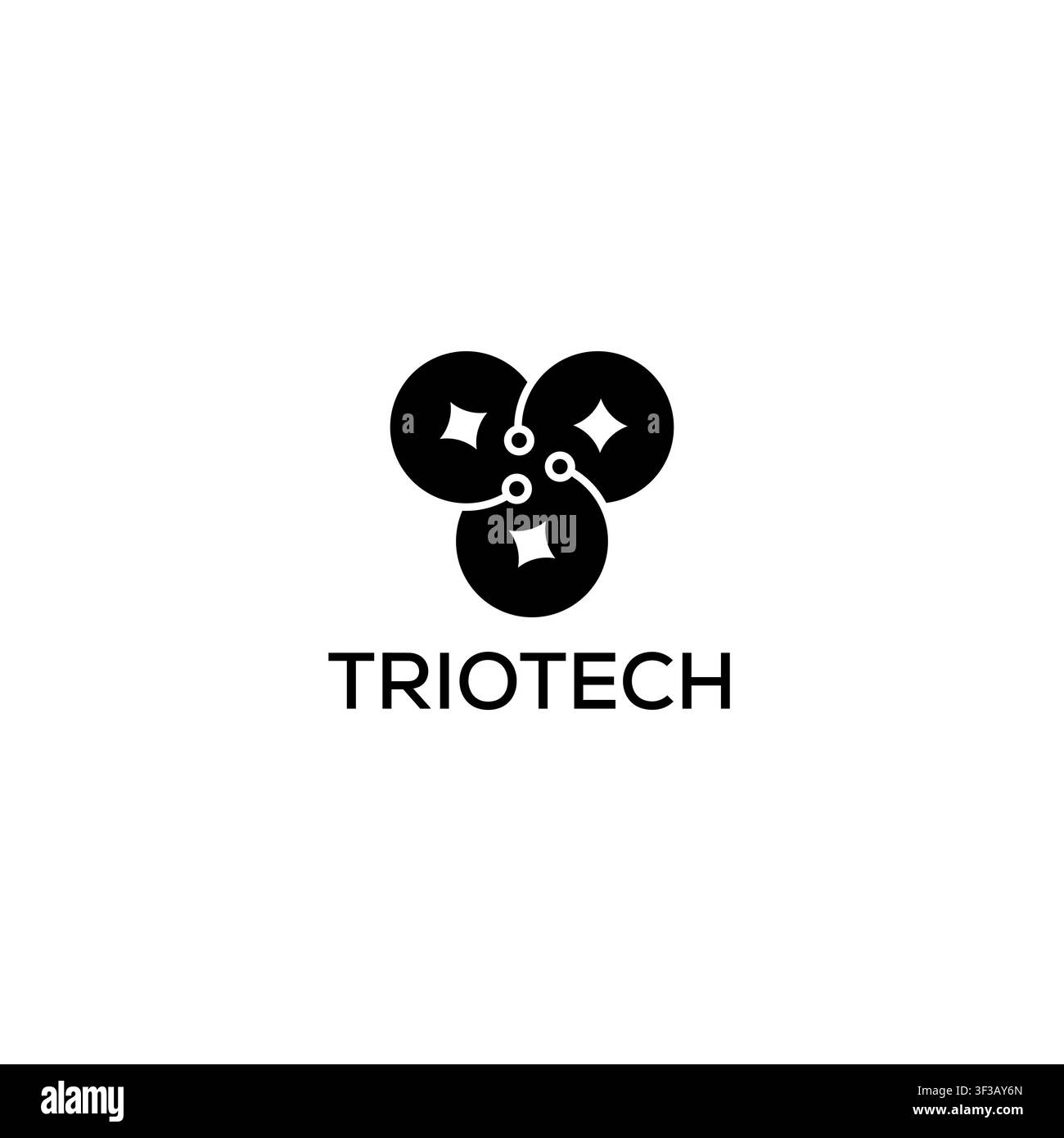 Abstract technology logo featuring three interconnected circular elements with digital connection nodes. Suitable for blockchain, Web3, AI, cloud comp Stock Vector
