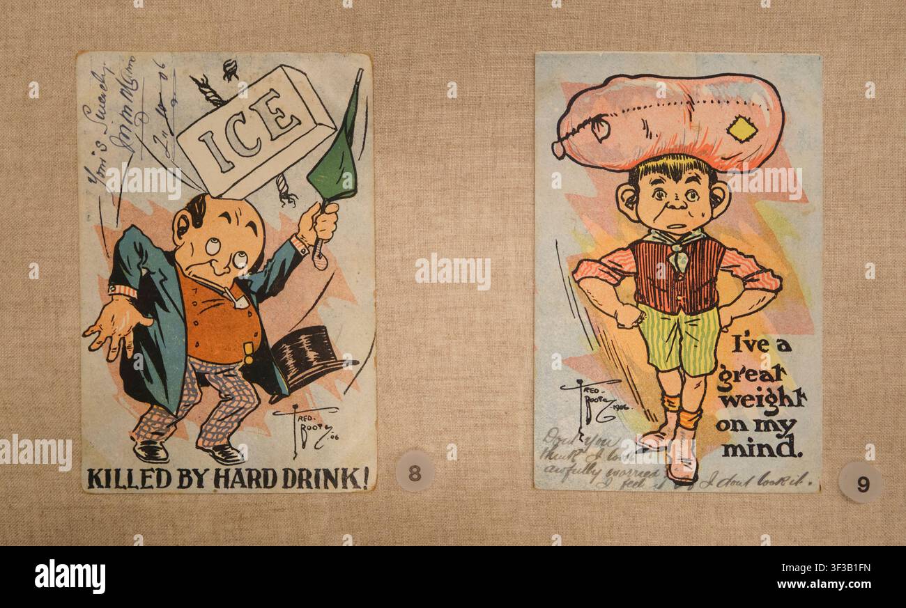 Old Australian postcards of political cartoons about drinking, labor, stress. At the Mint, Museum of History. In Sydney, Australia. Stock Photo