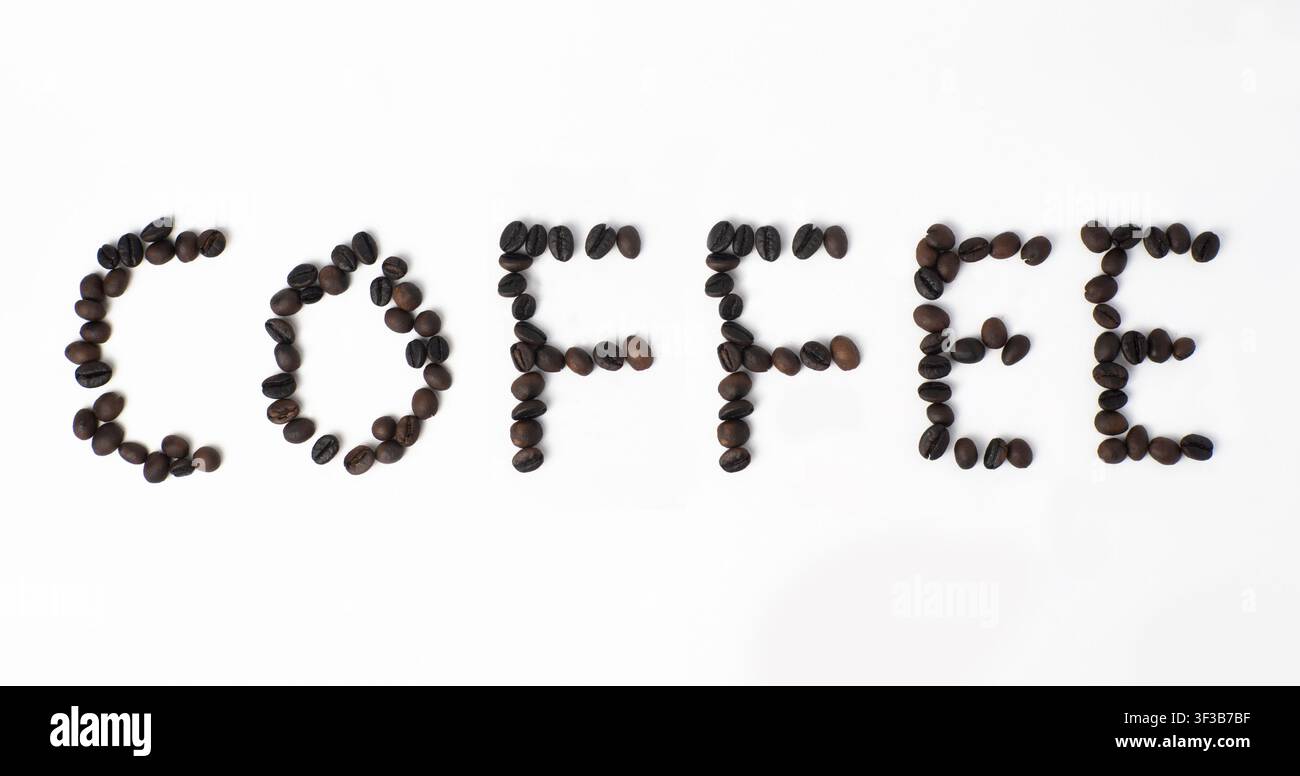 Coffee Word Made from Roasted Beans on White Background Stock Photo