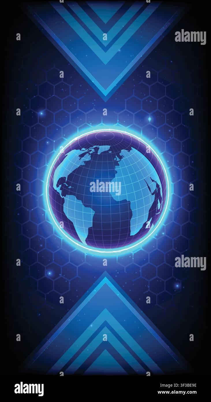 Abstract digital earth planet with glowing neon rings, honeycomb grids and sharp geometric triangles Stock Vector