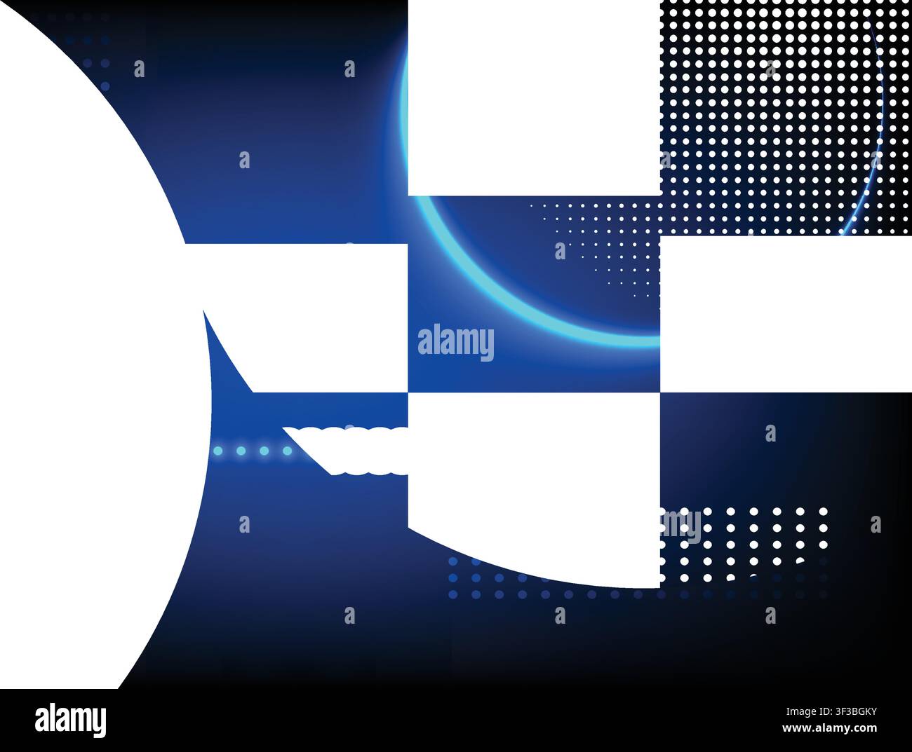 Futuristic digital background featuring glowing neon light circles, halftone dot patterns and tech elements Stock Vector