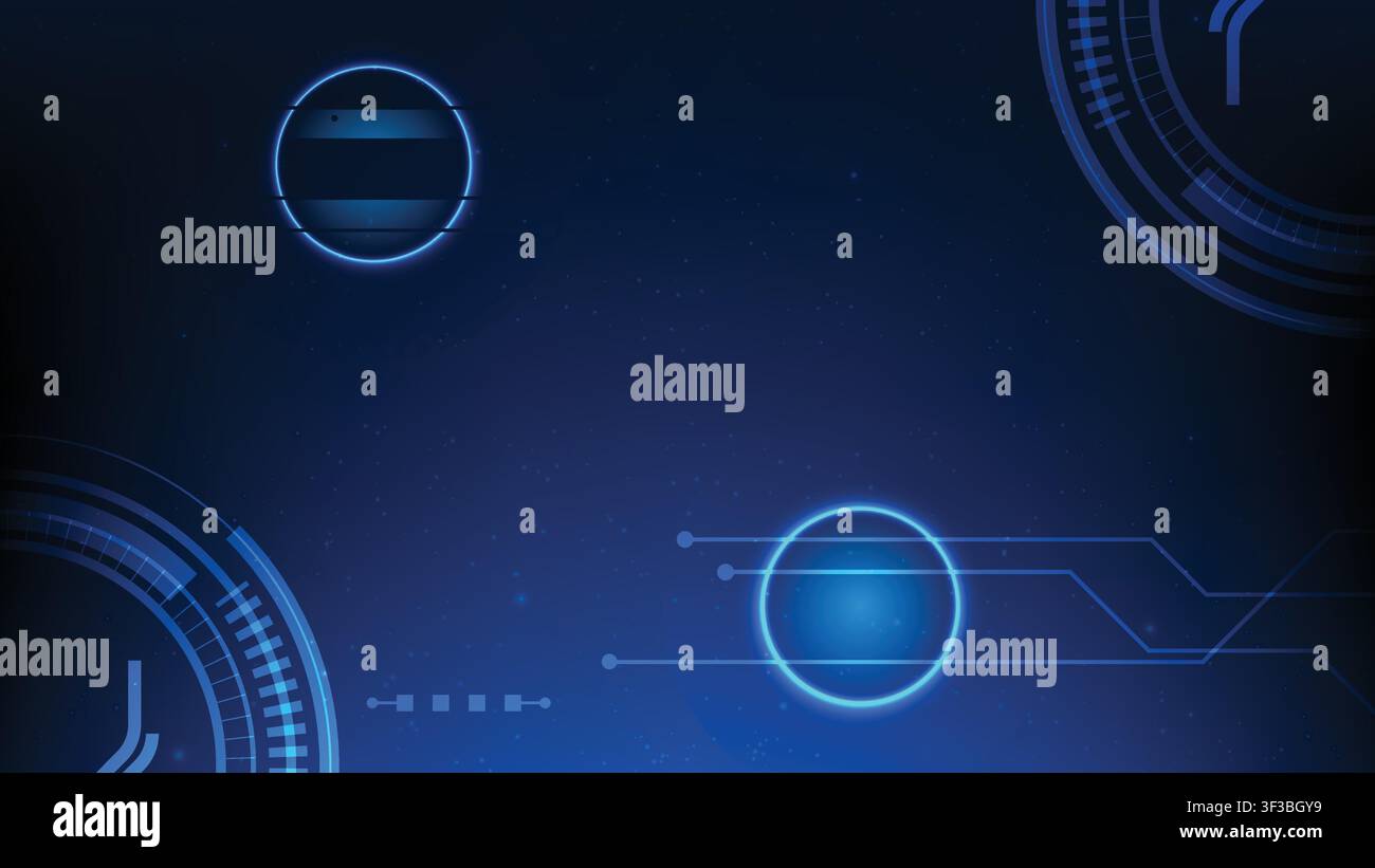 Futuristic digital background with neon glowing circles, hud elements and circuit lines Stock Vector