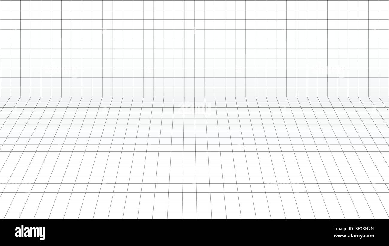 Minimalist empty studio interior with black perspective grid lines on white floor and wall Stock Vector