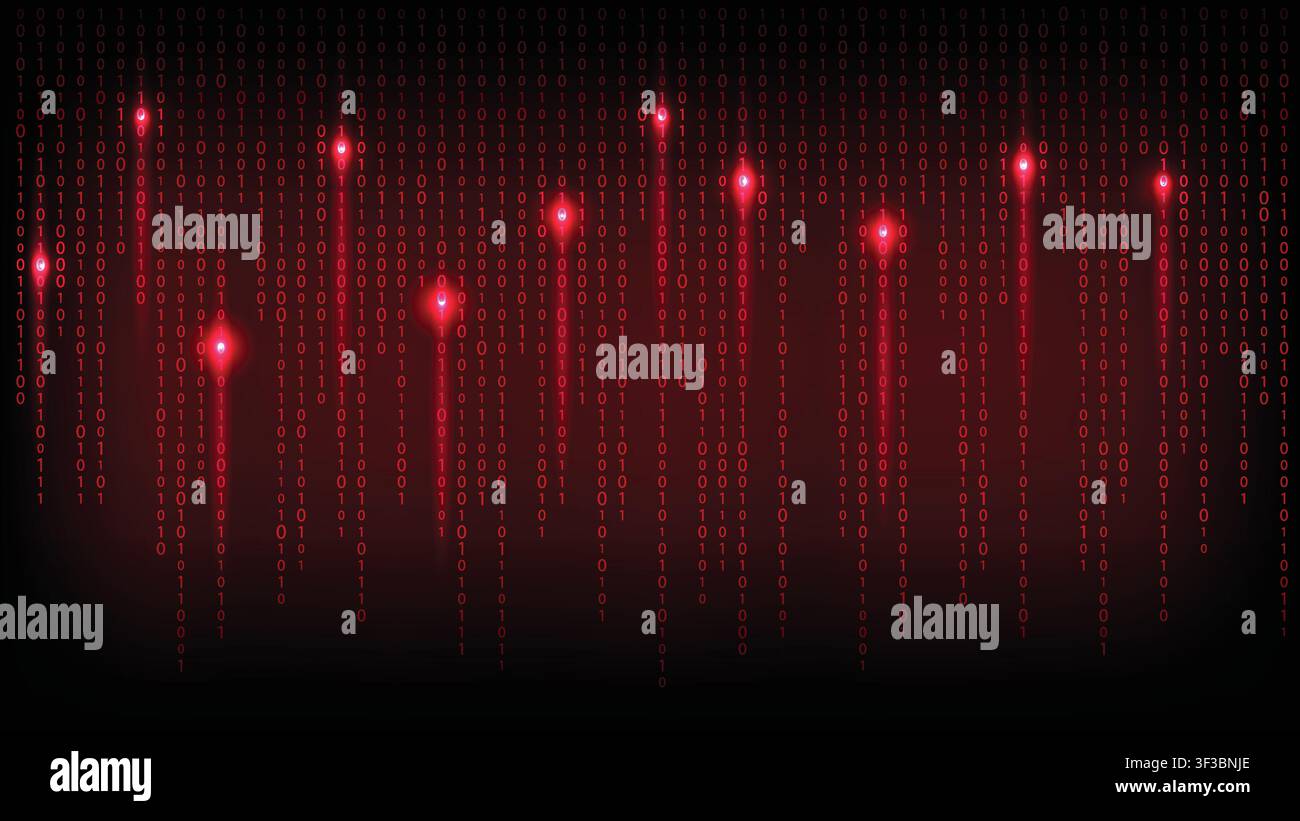 Abstract cybersecurity backdrop with glowing red binary numbers falling down vertically like a data matrix rain Stock Vector