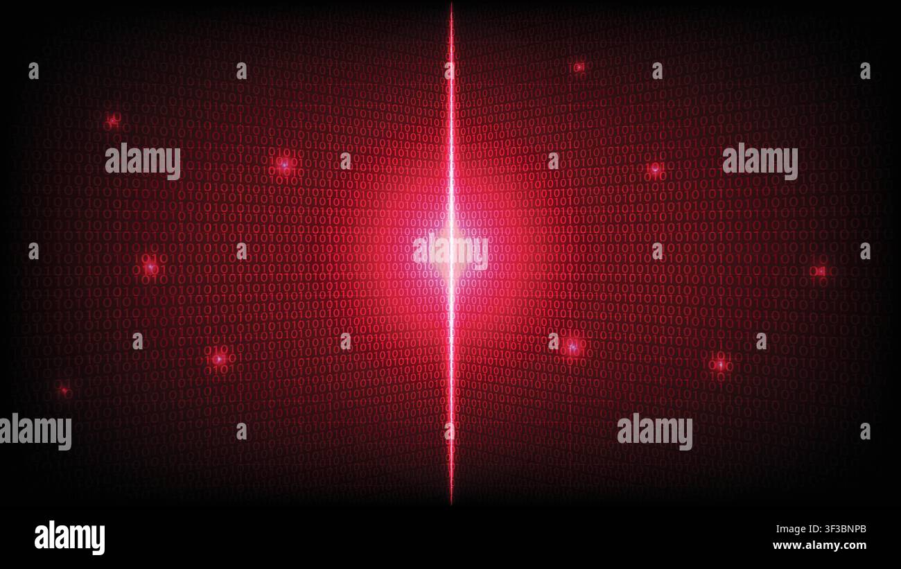 Abstract cybersecurity background featuring dark red digital matrix numbers, data wall and a bright laser flare Stock Vector