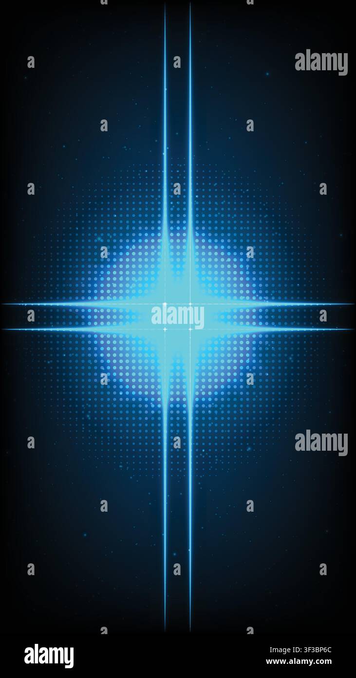 Futuristic blue glowing cross light lines with halftone dots pattern, Abstract sci fi digital tech background Stock Vector