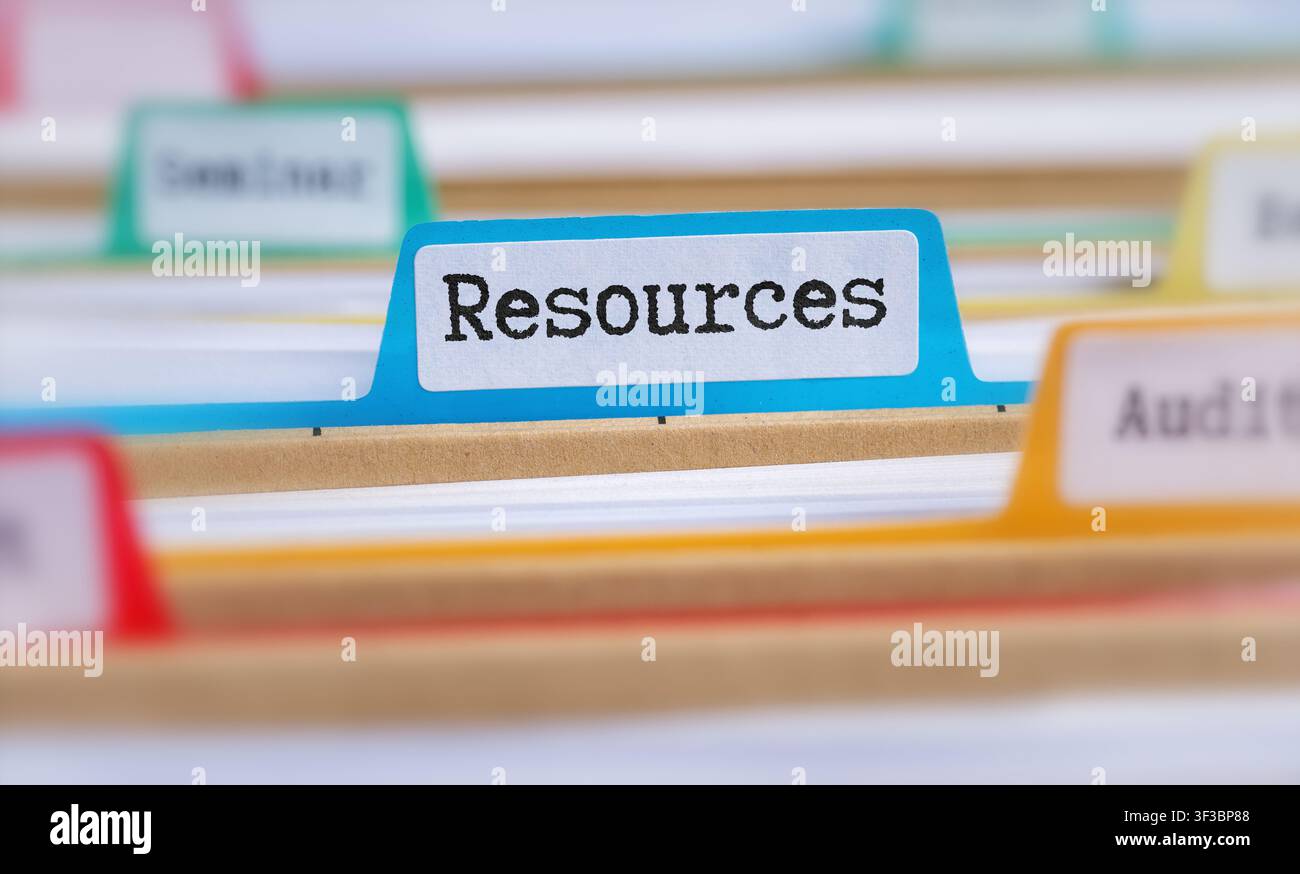 File folders with a tab labeled Resources Stock Photo