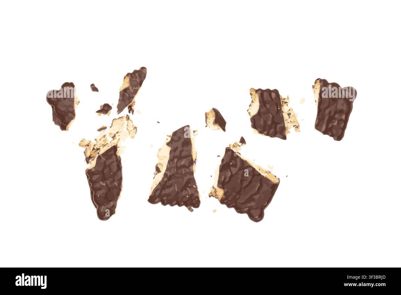 Broken Biscuit Coated in Dark Chocolate Isolated, Crumbled Square Cookies, Rectangular Shortbread Pieces, Crunchy Digestive Cookie Bites, Crumbs on Wh Stock Vector
