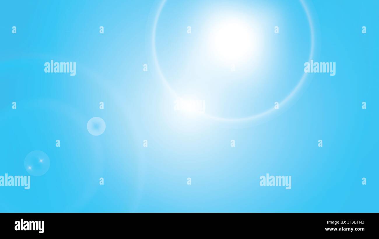 Bright blue gradient background featuring a soft sun lens flare and bokeh light effects for graphic design Stock Vector