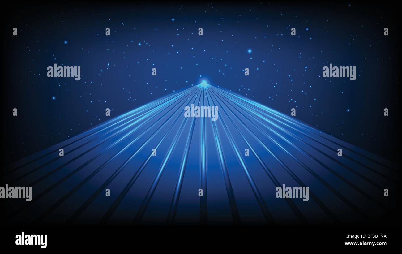 Futuristic digital background featuring perspective speed lines converging into light with a starry sky Stock Vector