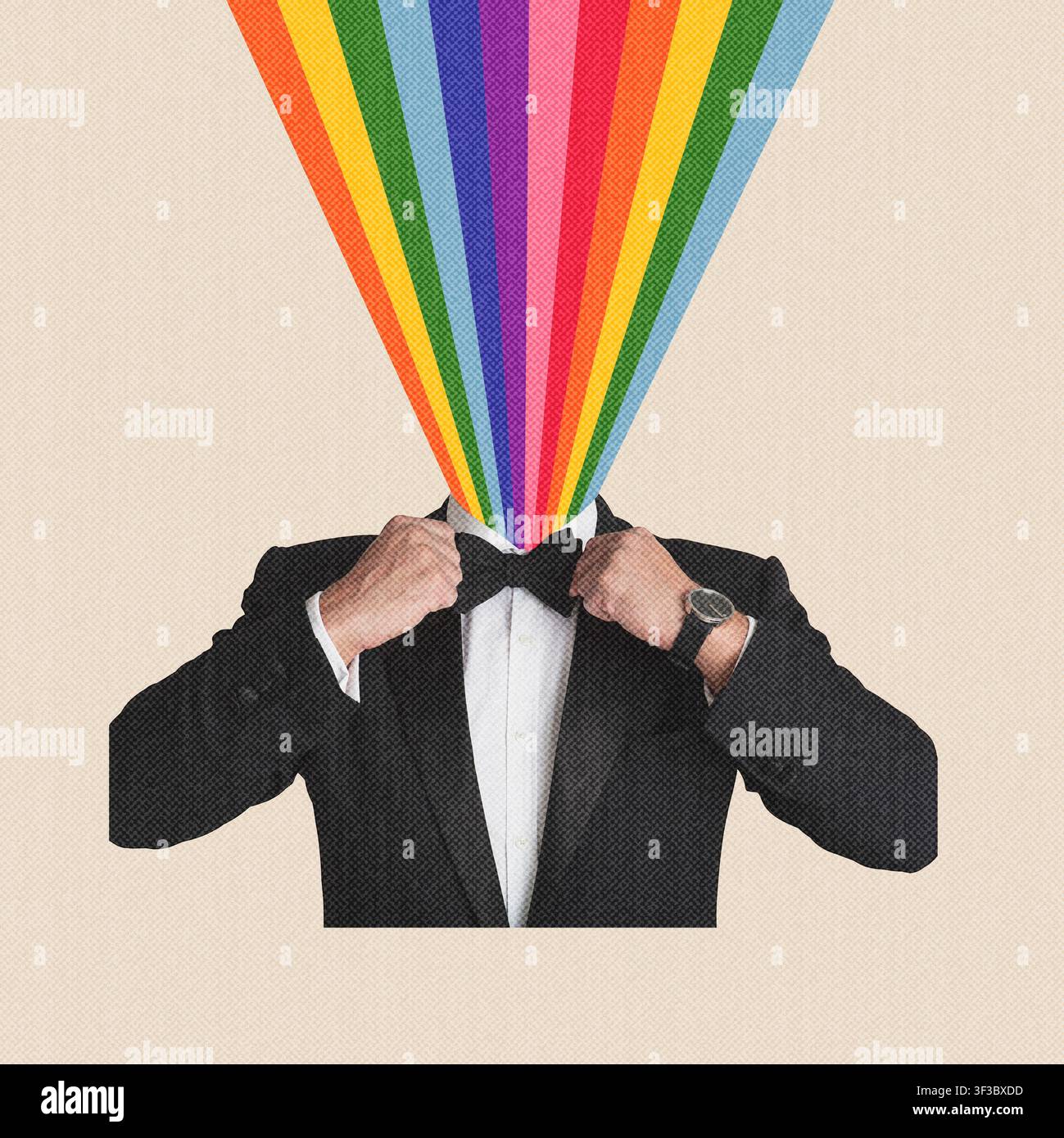 Unrecognizable Man In Tuxedo Adjusting Bow Tie With Rainbow Colors Emerging From Head Stock Photo