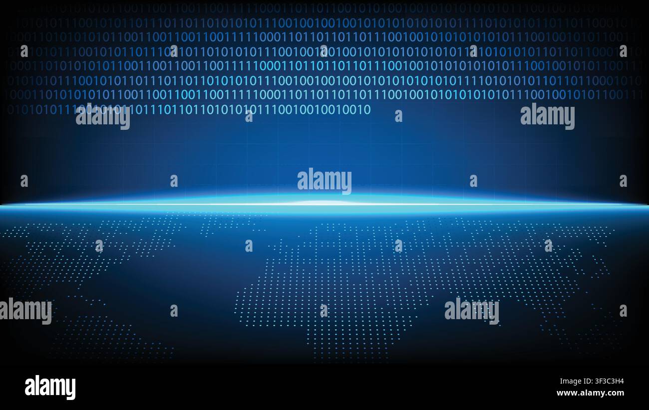 Abstract cyber technology background featuring digital binary code and global dotted world map Stock Vector