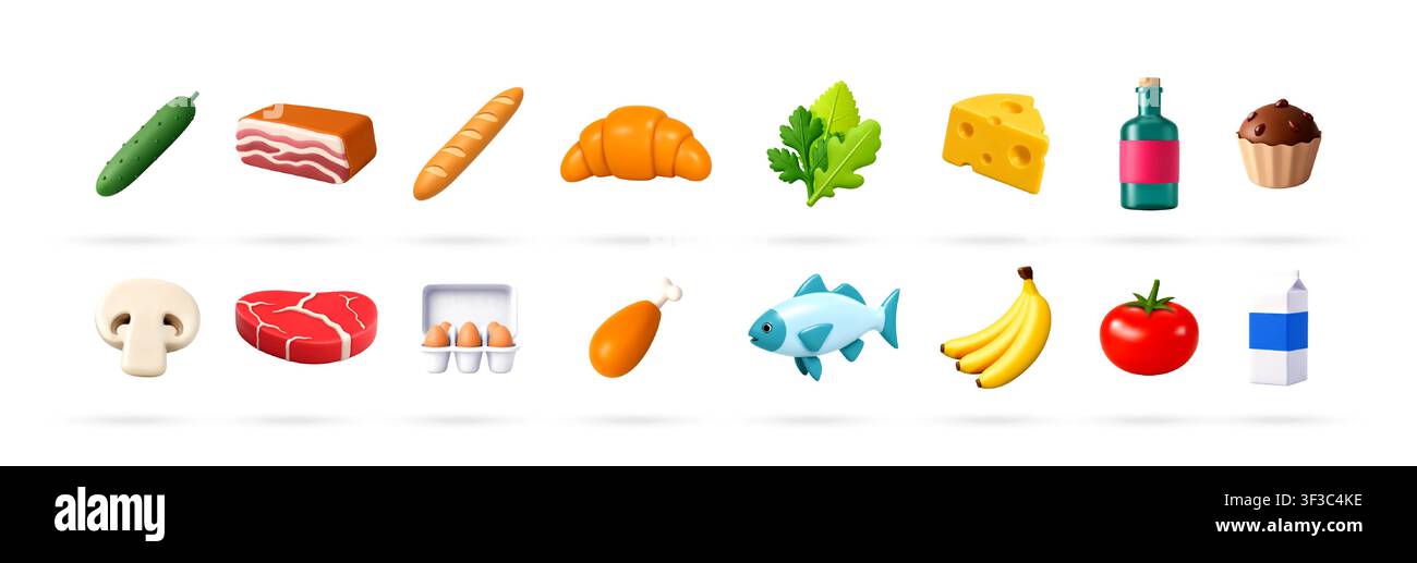 Set of 3D food icons isolated on white Stock Vector