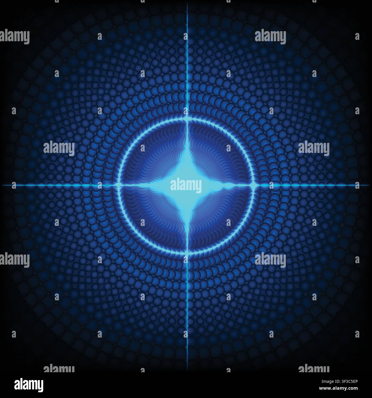 Futuristic neon blue background with glowing concentric circles and tunnel dots pattern Stock Vector